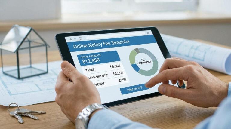 Simulateur frais notaire : maîtrisez le coût de votre achat Personne utilisant une tablette avec un simulateur de frais de notaire, affichant les coûts d'achat immobilier.