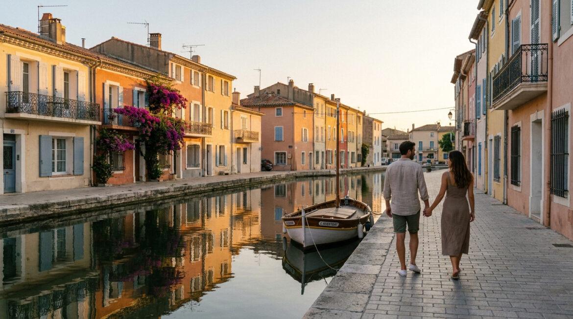 Quartiers à éviter à Martigues : les zones à risque en 2026 Un couple se promène main dans la main le long d'un canal bordé de maisons colorées et fleuries à Martigues au coucher du soleil.