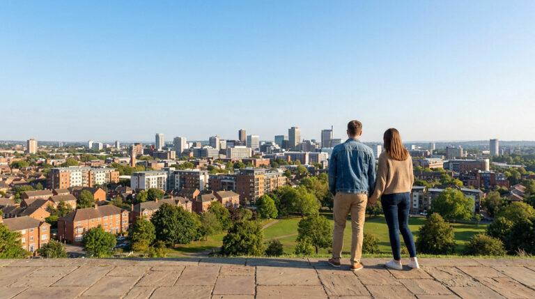 Quartiers de la Roche-sur-Yon : sécurité et immobilier 2026 Couple vu de dos, main dans la main, admirant une ville avec gratte-ciel, bâtiments résidentiels et parcs sous un ciel clair.