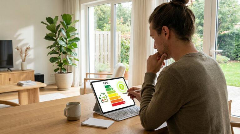 Simulateur DPE habitat : anticipez votre note énergétique Un homme anticipe la note DPE de son logement sur une tablette, affichant la classification énergétique. La lettre B est mise en évidence.