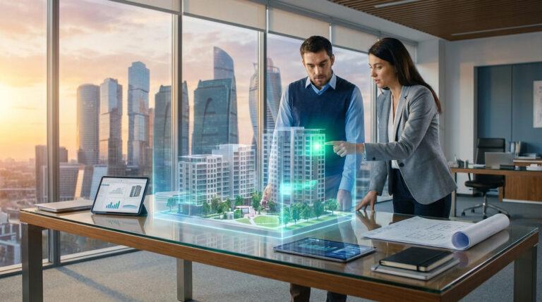Deux professionnels analysent un modèle immobilier holographique dans un bureau moderne avec vue sur la ville au coucher du soleil.