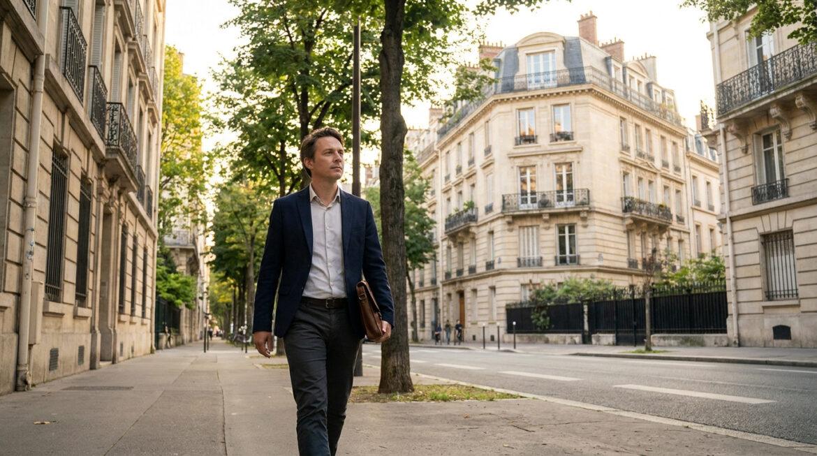 Quartiers à éviter à Blois : zones sensibles et sécurité Un homme en costume marche sur un trottoir bordé d'arbres et d'immeubles haussmanniens sous un ciel lumineux.