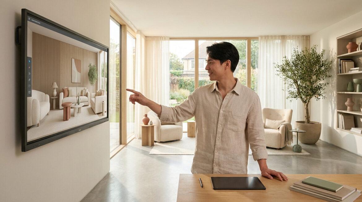Simulateur de raffinement habitat : créez votre intérieur Homme souriant pointe un grand écran mural affichant un design de salon moderne. Il utilise un simulateur de raffinement d'habitat.