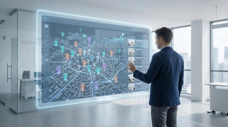 Le moteur de recherche immobilier pour tout centraliser Un homme interagit avec un écran holographique affichant une carte 3D d'une ville et des biens immobiliers, dans un bureau moderne.