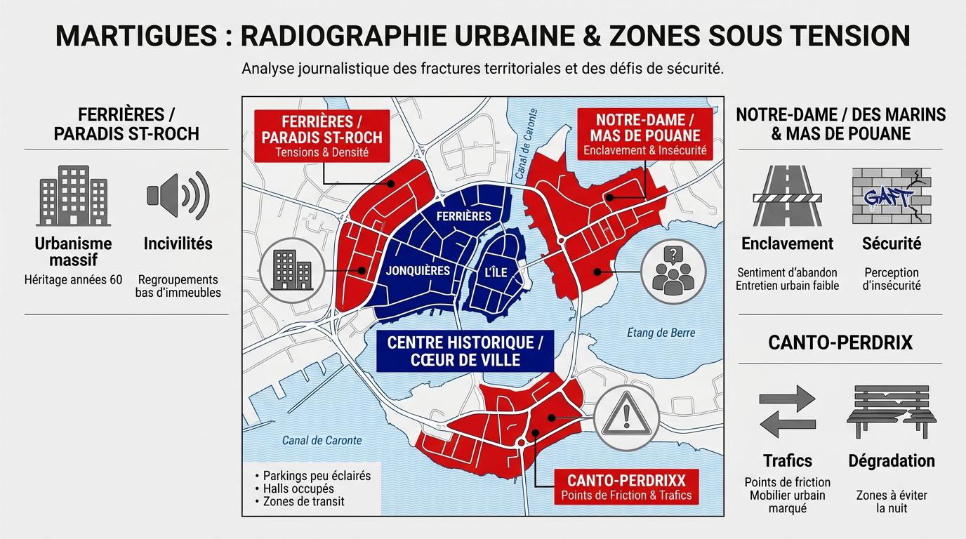 Vue aérienne des quartiers urbains de Martigues sous tension