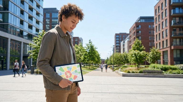 Quartiers à éviter à Alès : les zones sous vigilance Jeune adulte avec une tablette montrant une carte de quartiers, marchant dans une rue bordée d'immeubles résidentiels modernes.