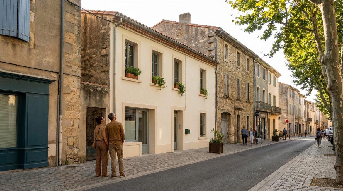 Quartiers à éviter à Lézignan : secteurs sensibles et infos 2026 Vue d'une rue bordée d'anciens bâtiments en pierre et rénovés, avec des arbres et des passants, sous un ciel clair.