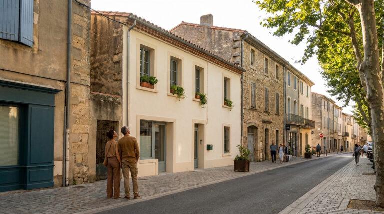 Vue d'une rue bordée d'anciens bâtiments en pierre et rénovés, avec des arbres et des passants, sous un ciel clair.