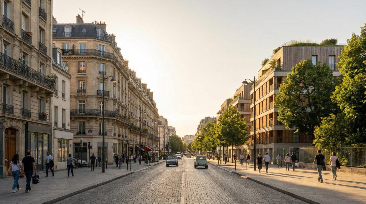 Vue d'une rue urbaine ensoleillée, bordée d'immeubles haussmanniens et modernes, avec des arbres, des piétons et des voitures.