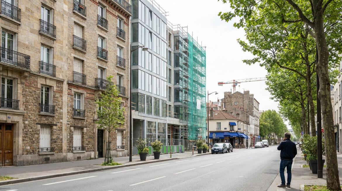 Quartiers à éviter à Bagnolet : le point sur la sécurité Rue à Bagnolet: immeubles anciens et modernes en construction, arbres verdoyants. Un homme sur le trottoir, une grue au loin.