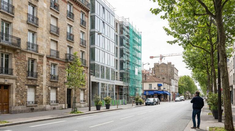 Rue à Bagnolet: immeubles anciens et modernes en construction, arbres verdoyants. Un homme sur le trottoir, une grue au loin.
