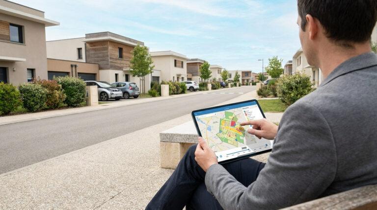 Quartiers à éviter à Juvignac : le point sur la sécurité Un homme consulte une carte interactive sur une tablette dans un quartier résidentiel moderne de Juvignac.