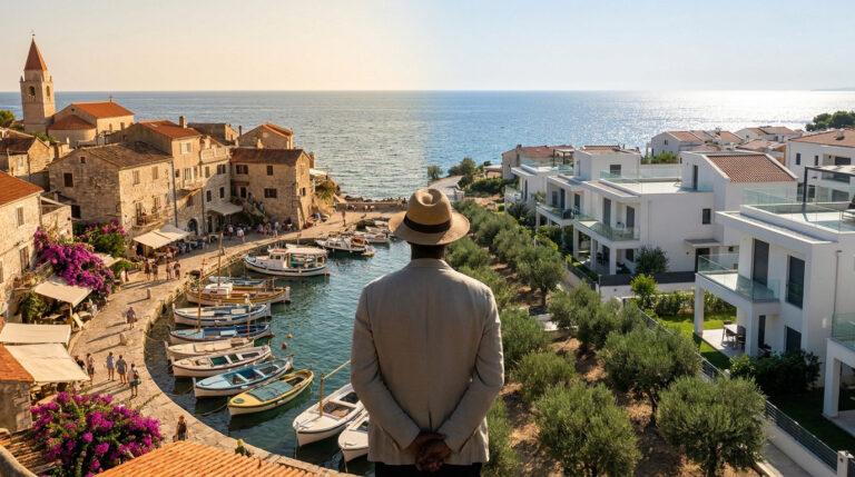 Quels quartiers de Six-Fours éviter ou choisir en 2026 ? Un homme en chapeau regarde un port méditerranéen contrastant entre charme ancien et villas modernes.