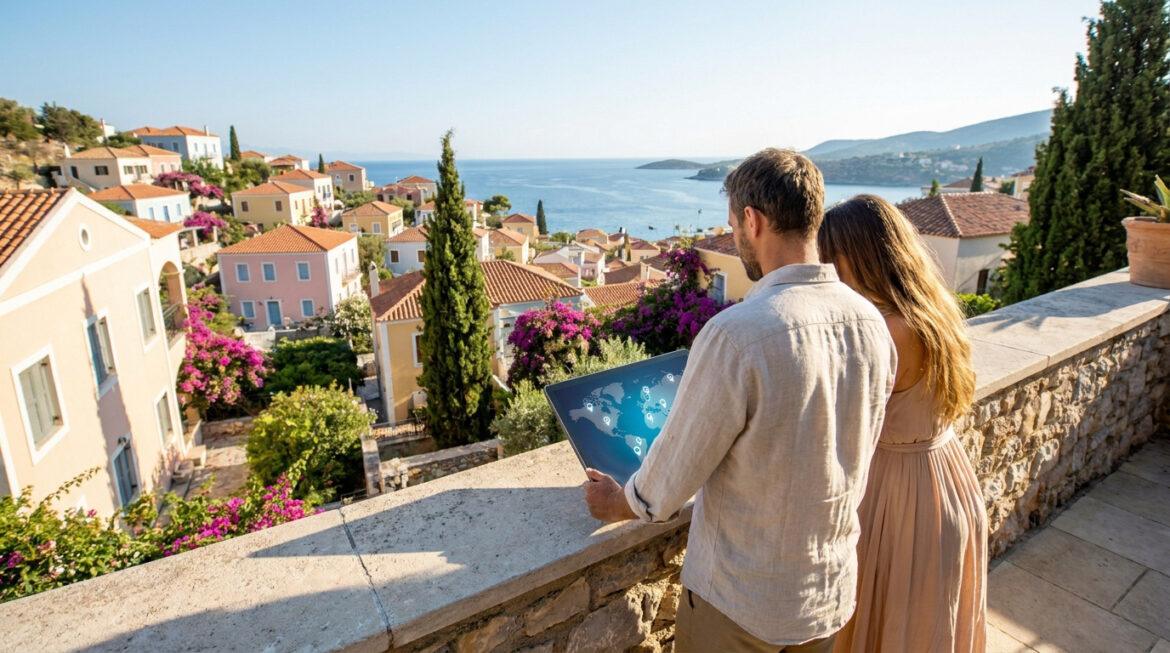 Quels quartiers éviter à Fréjus pour votre futur achat ? Un couple regarde une carte interactive sur une tablette depuis une terrasse surplombant une ville côtière méditerranéenne.