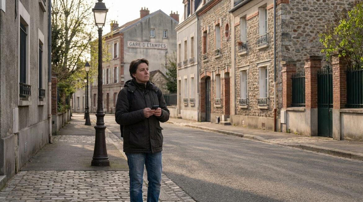 Quartiers à éviter à Étampes : zones sensibles et sécurité Une personne tenant un smartphone dans une rue calme près de la gare d'Étampes.