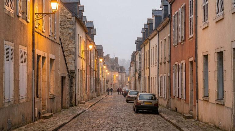 Quartiers à éviter au Mans : le point sur la sécurité Une rue pavée traditionnelle du vieux Mans avec des maisons anciennes, des éclairages urbains et quelques passants.