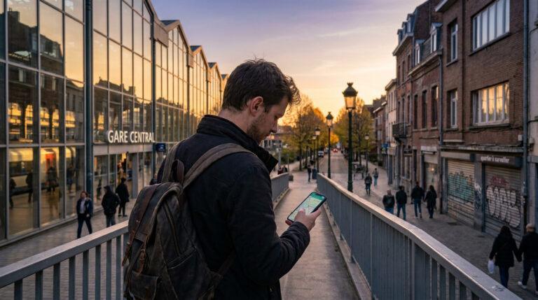 Houilles quartiers éviter : les zones à surveiller Un jeune homme avec un sac à dos consulte une carte sur son smartphone devant une gare à la tombée de la nuit.