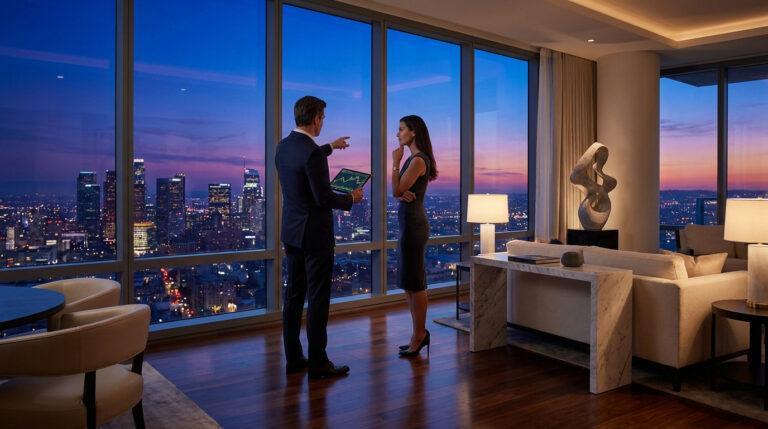 Avis kretz partners : expertise réelle ou simple vitrine ? Un homme et une femme en tenue professionnelle discutant devant une baie vitrée surplombant une ville illuminée la nuit.