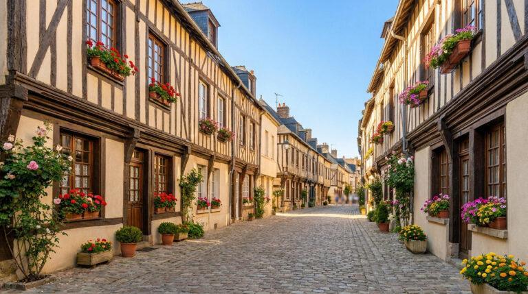 Une ruelle pavée bordée de maisons traditionnelles à pans de bois fleuries dans le centre historique d'Alençon.