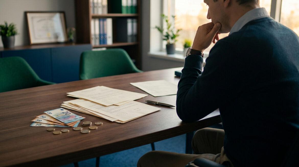 Un homme pensif assis devant des documents notariés, des billets en euros et des pièces sur une table en bois.