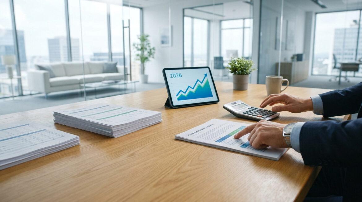 Un professionnel analyse des documents financiers et une tablette affichant un graphique de croissance pour l'année 2026.