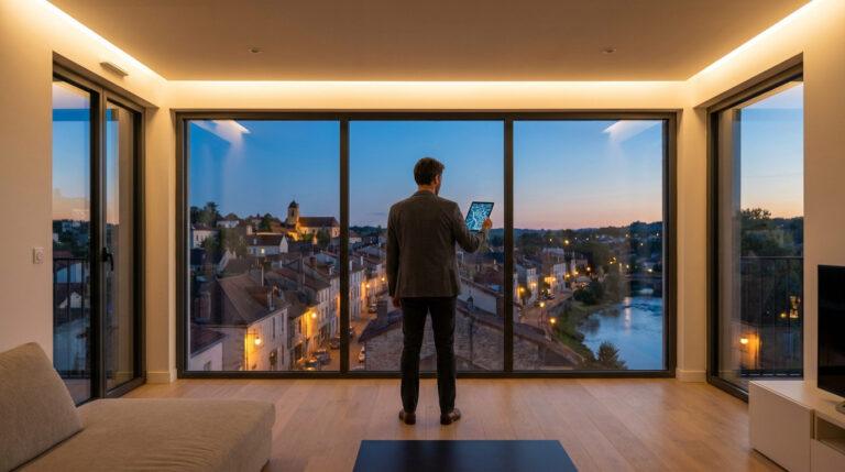 Homme observant une carte de ville sur tablette devant une grande baie vitrée surplombant Brive au crépuscule.