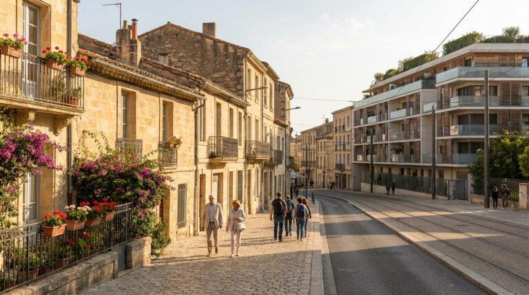 Avis sur Celleneuve à Montpellier : village ou faubourg ? Rue pavée à Celleneuve avec d'anciennes façades en pierre à gauche et un immeuble contemporain à droite.