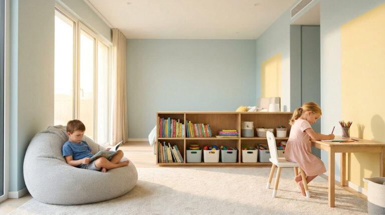 Loi chambre séparée : que dit vraiment le droit ? Un jeune garçon lit sur un pouf et une fille dessine à un bureau dans une chambre d'enfant partagée.