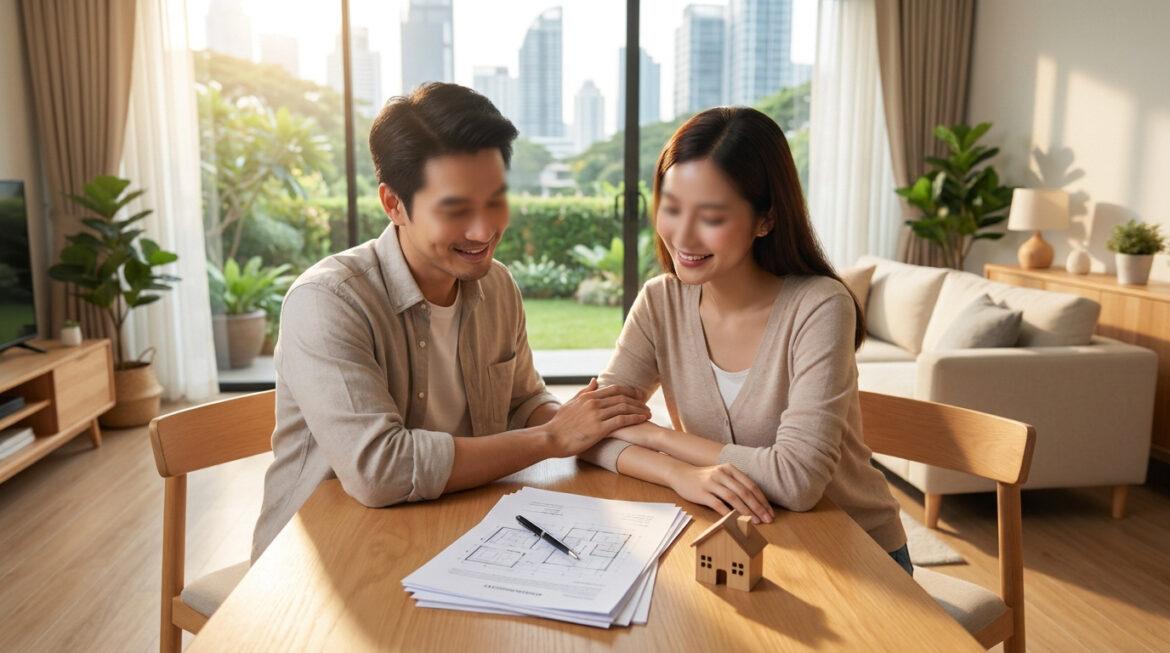 Donation part maison : sécuriser son conjoint en 2026 Un couple souriant assis à une table examinant des documents de propriété avec une petite maison en bois devant eux.