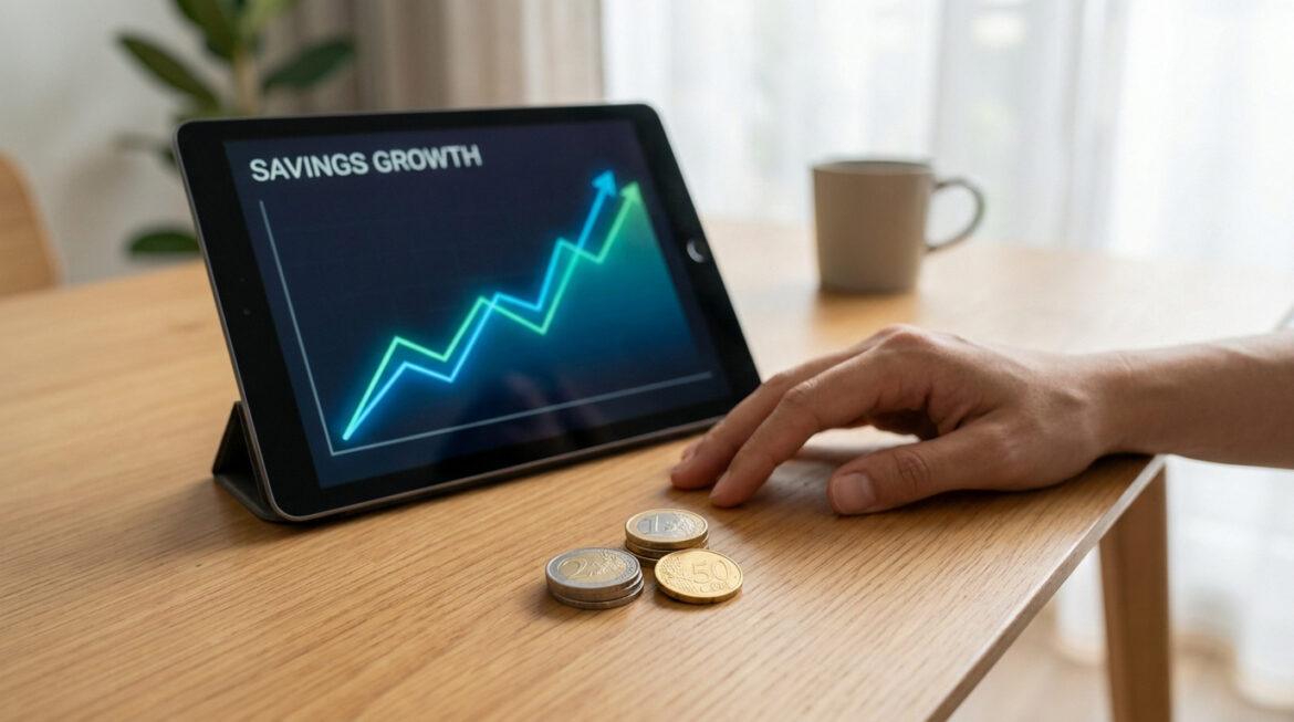 Comprendre le montant minimum de versement sur votre PER Tablette affichant un graphique de croissance d'épargne avec des pièces de monnaie posées sur une table en bois.