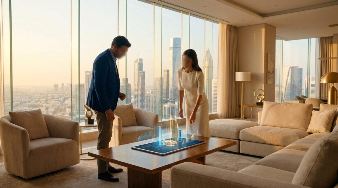 Oh magazine immobilier : luxe et tendances du marché 2026 Un couple examine une modélisation holographique 3D d'immeubles sur une table dans un luxueux salon avec vue sur la ville.