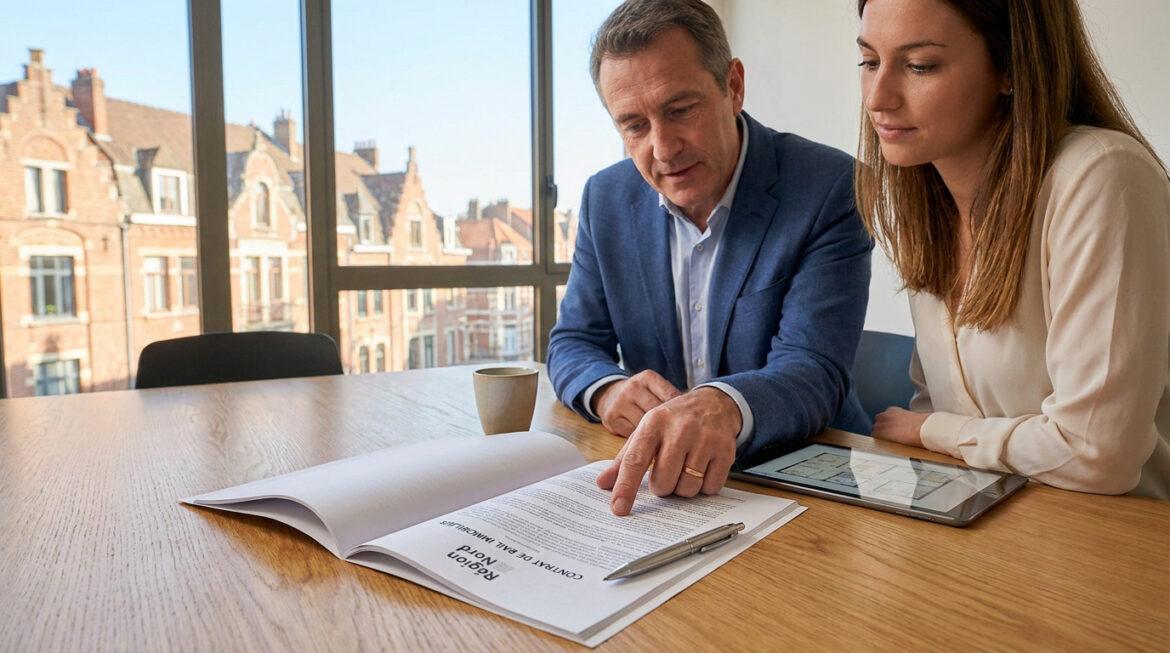 Bail immobilier nord : sécurisez votre contrat de location Un agent immobilier et une cliente lisent ensemble un contrat de location dans un bureau lumineux avec vue sur la ville.