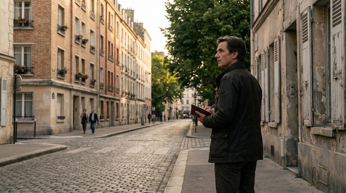 Quartiers à éviter à Chalon : les secteurs à risques locatifs Un homme en veste sombre prend des notes dans une rue pavée bordée d'immeubles résidentiels anciens au crépuscule.