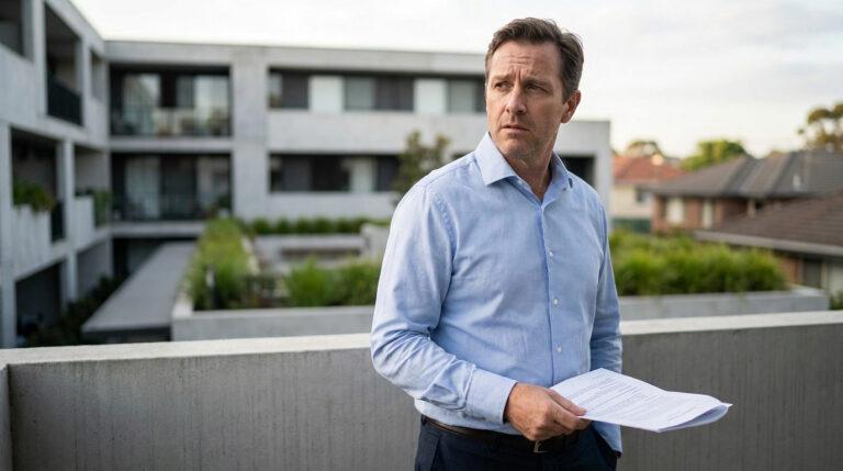 Un homme d'âge mûr a l'air préoccupé en tenant des documents sur une terrasse devant un immeuble.