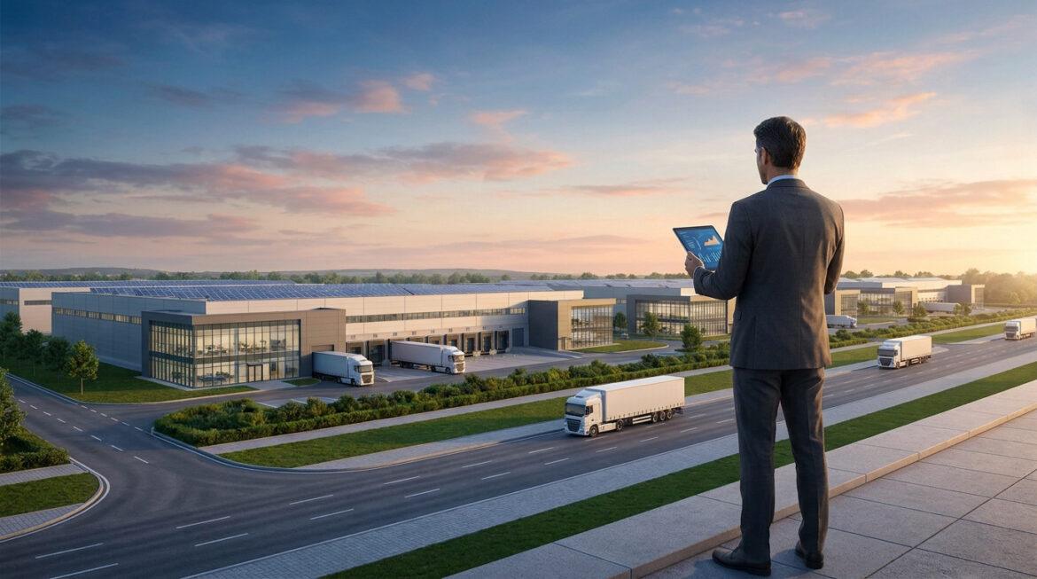 Zonage industriel : levier de performance et d’aménagement Homme d'affaires en costume observant une zone industrielle moderne avec des camions au coucher du soleil.