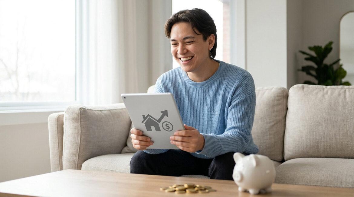 Pourquoi choisir LocService pour louer sans frais d’agence Un jeune homme souriant regarde une tablette avec une icône de maison et de gain financier sur son canapé.