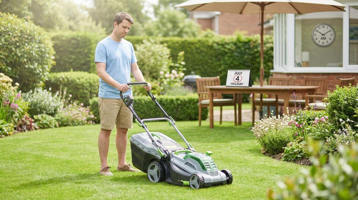 Tondre le lundi de Pentecôte : règles et risques d’amende Un homme tond sa pelouse devant un calendrier affichant un jour férié dans un jardin ensoleillé.