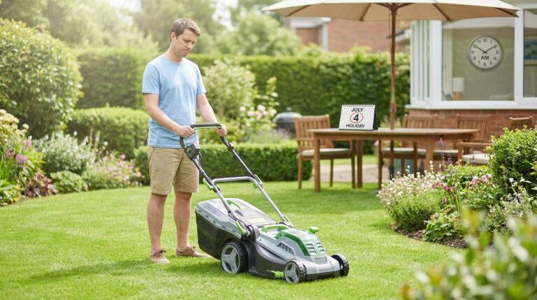 Un homme tond sa pelouse devant un calendrier affichant un jour férié dans un jardin ensoleillé.