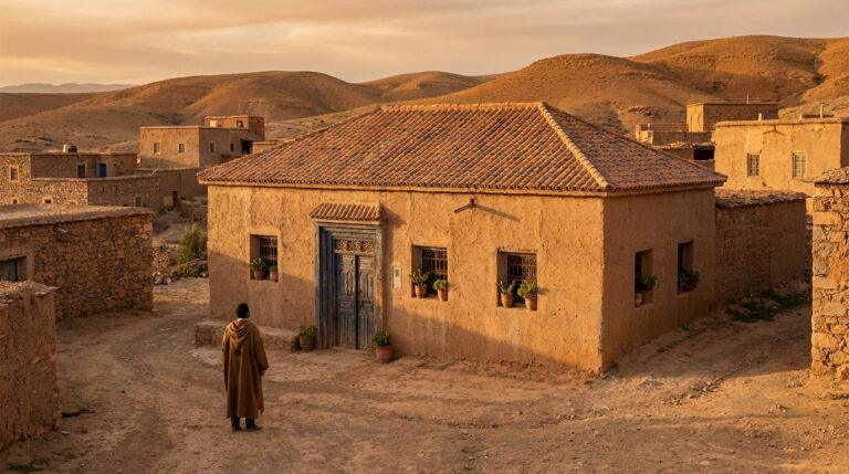 Achat maison au Maroc : opportunités et réalités du marché Un homme en djellaba devant une maison en terre cuite traditionnelle dans un village marocain au coucher du soleil.