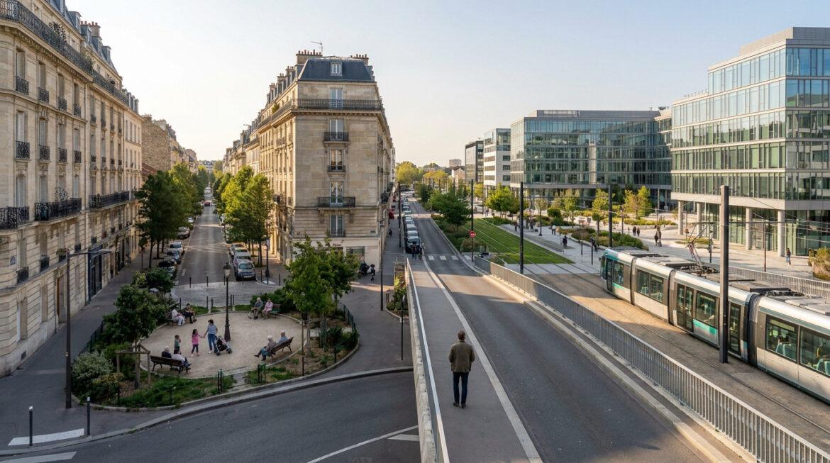 Sécurité et quartiers à Maisons-Alfort : le bilan local Vue en plongée d'un quartier à Maisons-Alfort avec un square arboré, des immeubles haussmanniens et un tramway.
