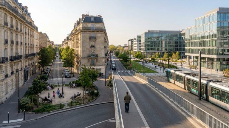 Sécurité et quartiers à Maisons-Alfort : le bilan local Vue en plongée d'un quartier à Maisons-Alfort avec un square arboré, des immeubles haussmanniens et un tramway.