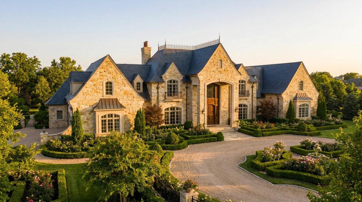 Estimation de maison de prestige : valoriser l’exception Une majestueuse demeure en pierre avec une toiture en ardoise et un jardin paysager sophistiqué au coucher du soleil.