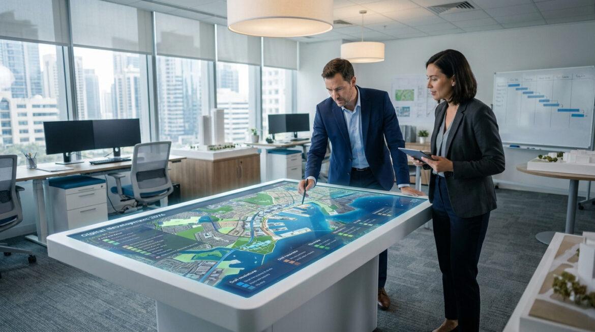 Revue foncière : l’expertise des sols et enjeux de 2026 Deux professionnels analysent une carte numérique urbaine sur une table interactive dans un bureau moderne.