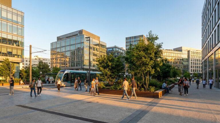 Tramway circulant dans un quartier moderne et dynamique de La Courneuve avec des piétons circulant entre des bureaux.
