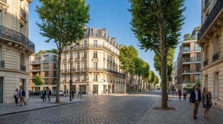 Quartiers de Saint-Germain-en-Laye : bilan immobilier 2026 Rue pavée bordée d'immeubles haussmanniens et contemporains à Saint-Germain-en-Laye avec des piétons sous un ciel bleu.