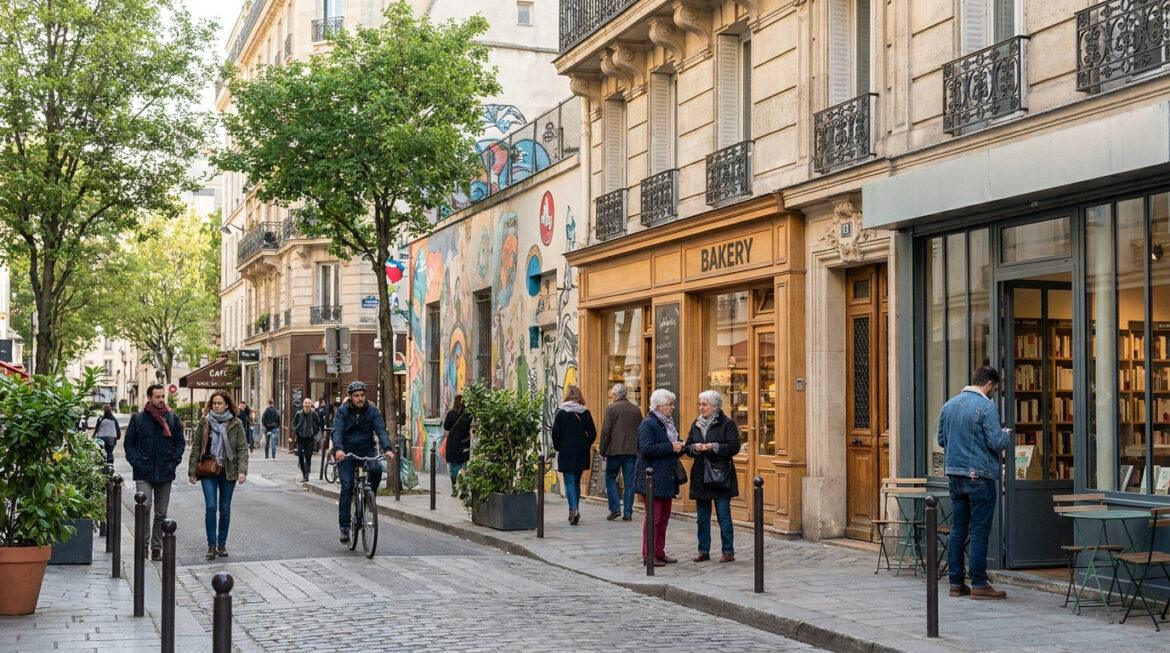 Ménilmontant dangereux ? Entre mythe et réalité du 20e Une rue pavée animée de Ménilmontant avec une boulangerie, des passants et un mur couvert de graffitis colorés.