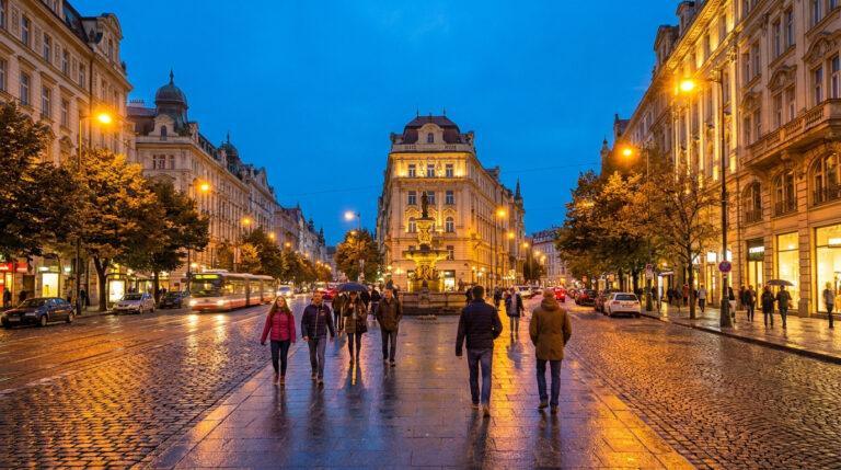 Quartiers à éviter à Toulouse : les secteurs sous vigilance Vue de piétons marchant sur des pavés humides au crépuscule dans une ville européenne éclairée par des lampadaires.