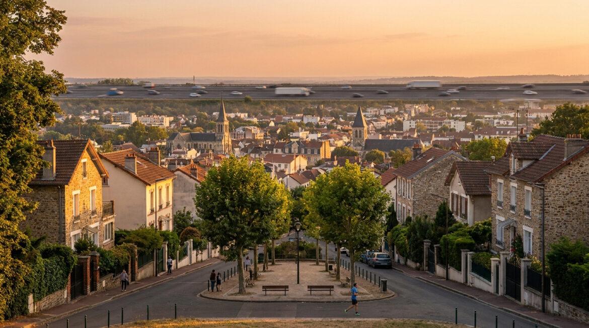 Rueil-Malmaison quartiers : les secteurs à privilégier Vue en plongée sur les rues résidentielles et les toits de Rueil-Malmaison au coucher du soleil avec une autoroute au fond.