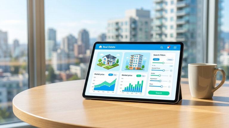 Zimo : l’interface immobilière pour particuliers et experts Tablette affichant une application immobilière avec graphiques et filtres, posée sur une table devant une vue urbaine.