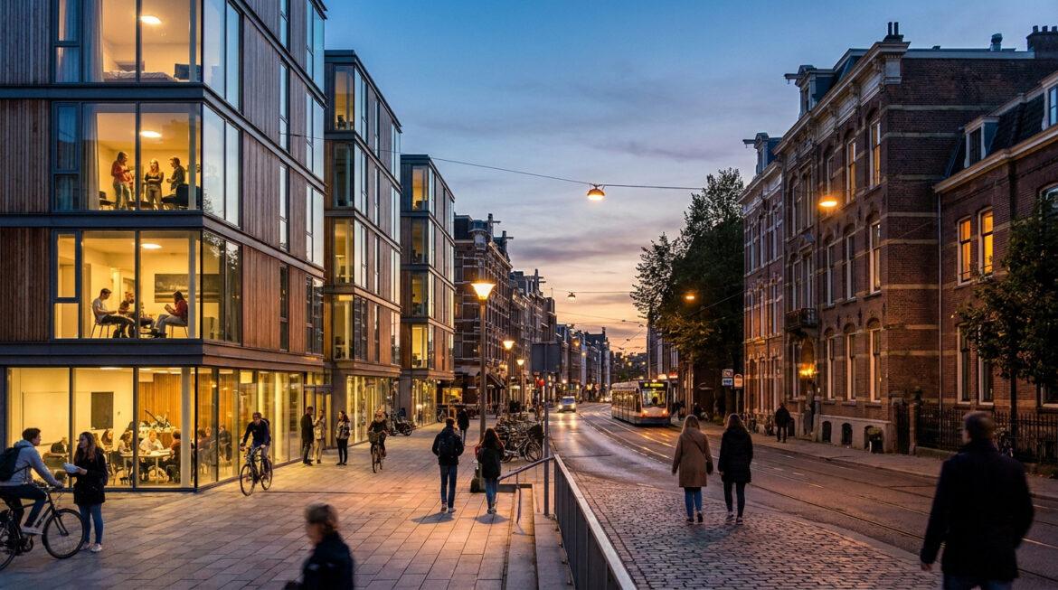 Lille Moulins : quartier dangereux ou en pleine mutation ? Rue animée à Lille au crépuscule, mêlant immeubles contemporains vitrés et architecture traditionnelle en briques.